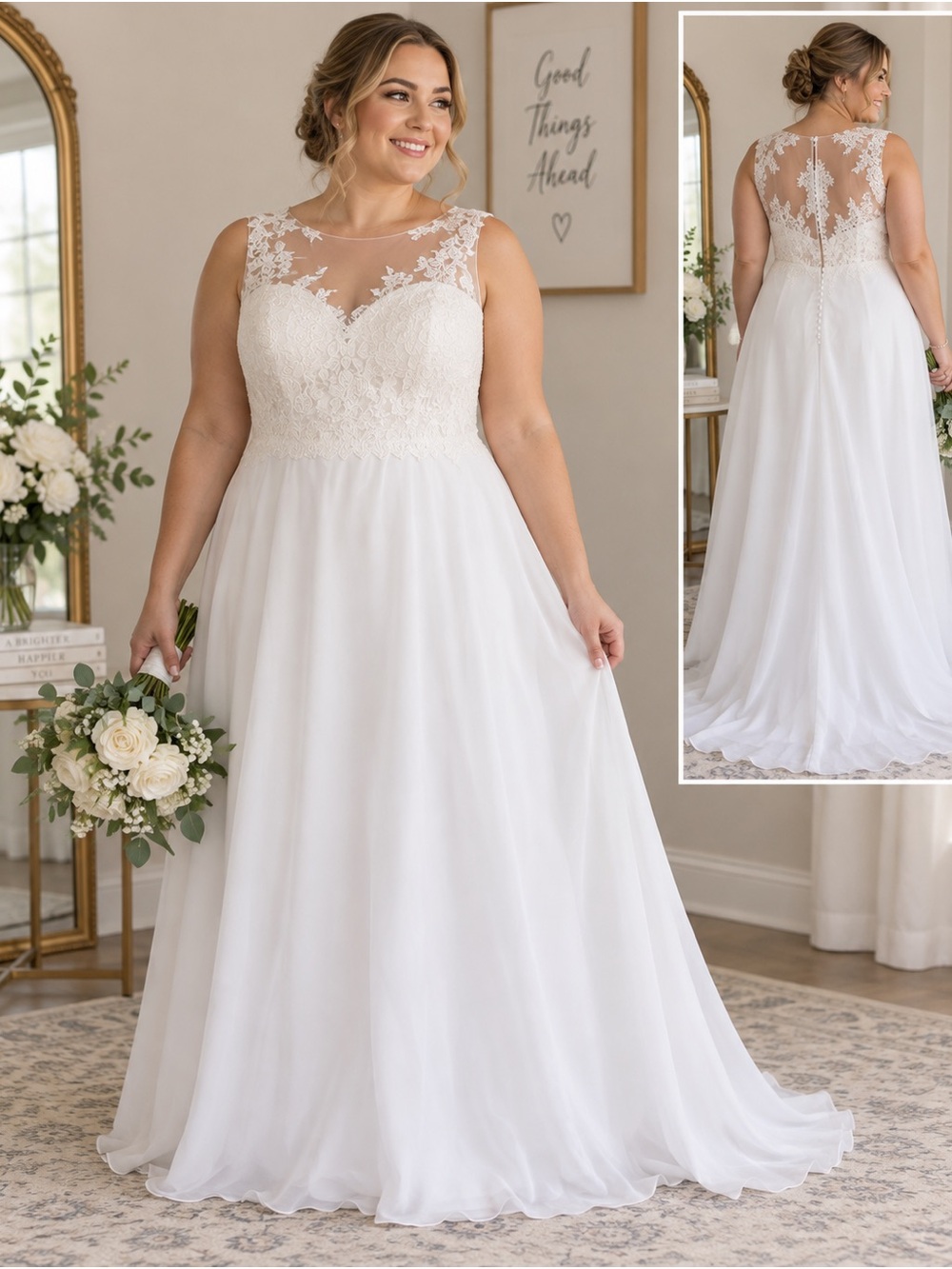 White Lace Chiffon Wedding Dress Illusion Back Plus Size Bridal Gown